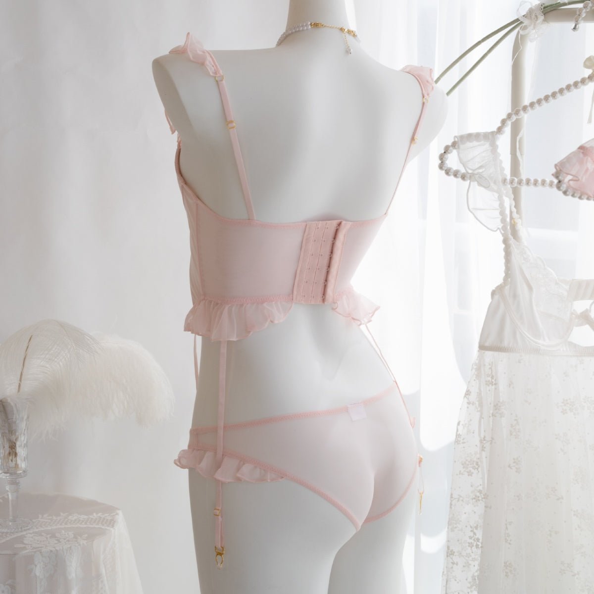 Amelie mesh and satin lingerie set LOVEFREYA Small Pink Intimates