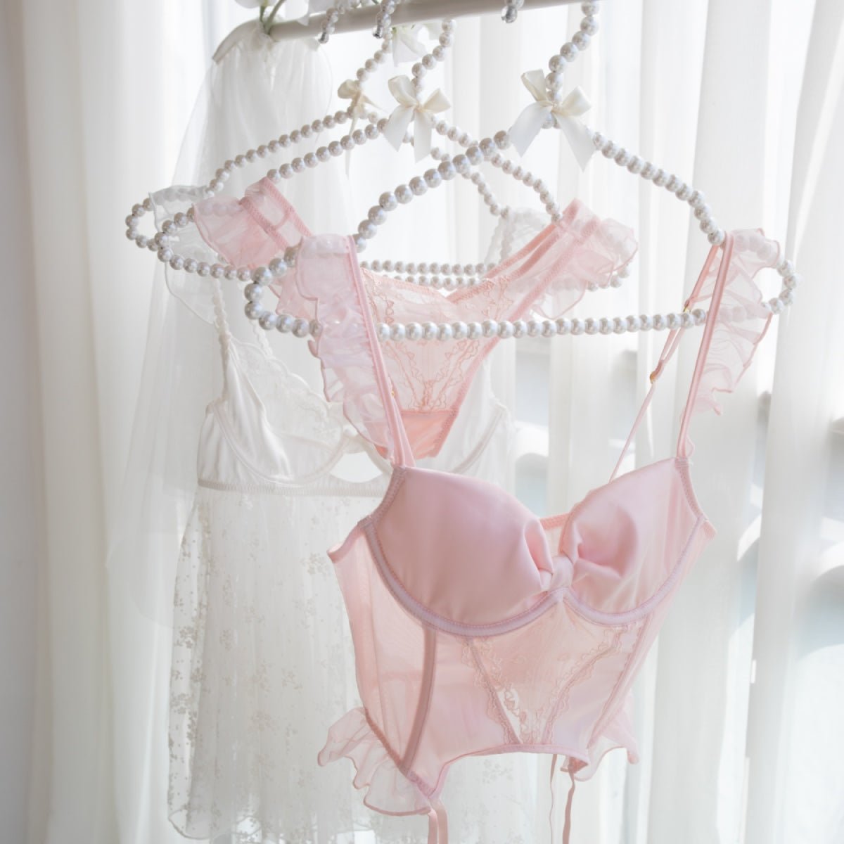 Amelie mesh and satin lingerie set LOVEFREYA Small Pink Intimates