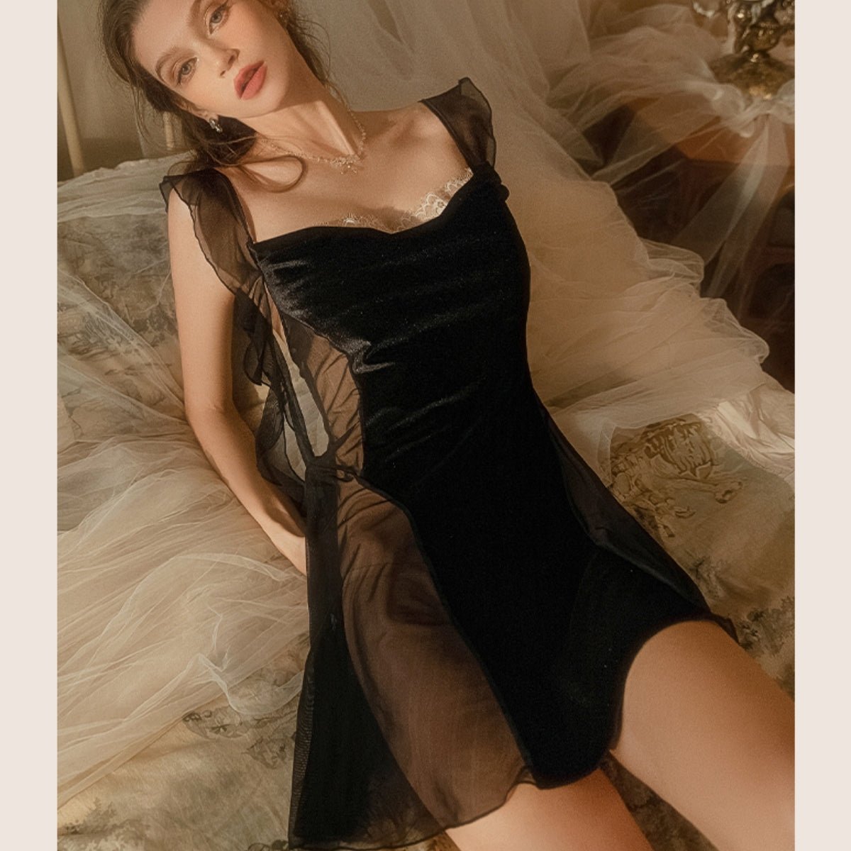 Beau velvet and mesh slip LOVEFREYA Small Black Intimates