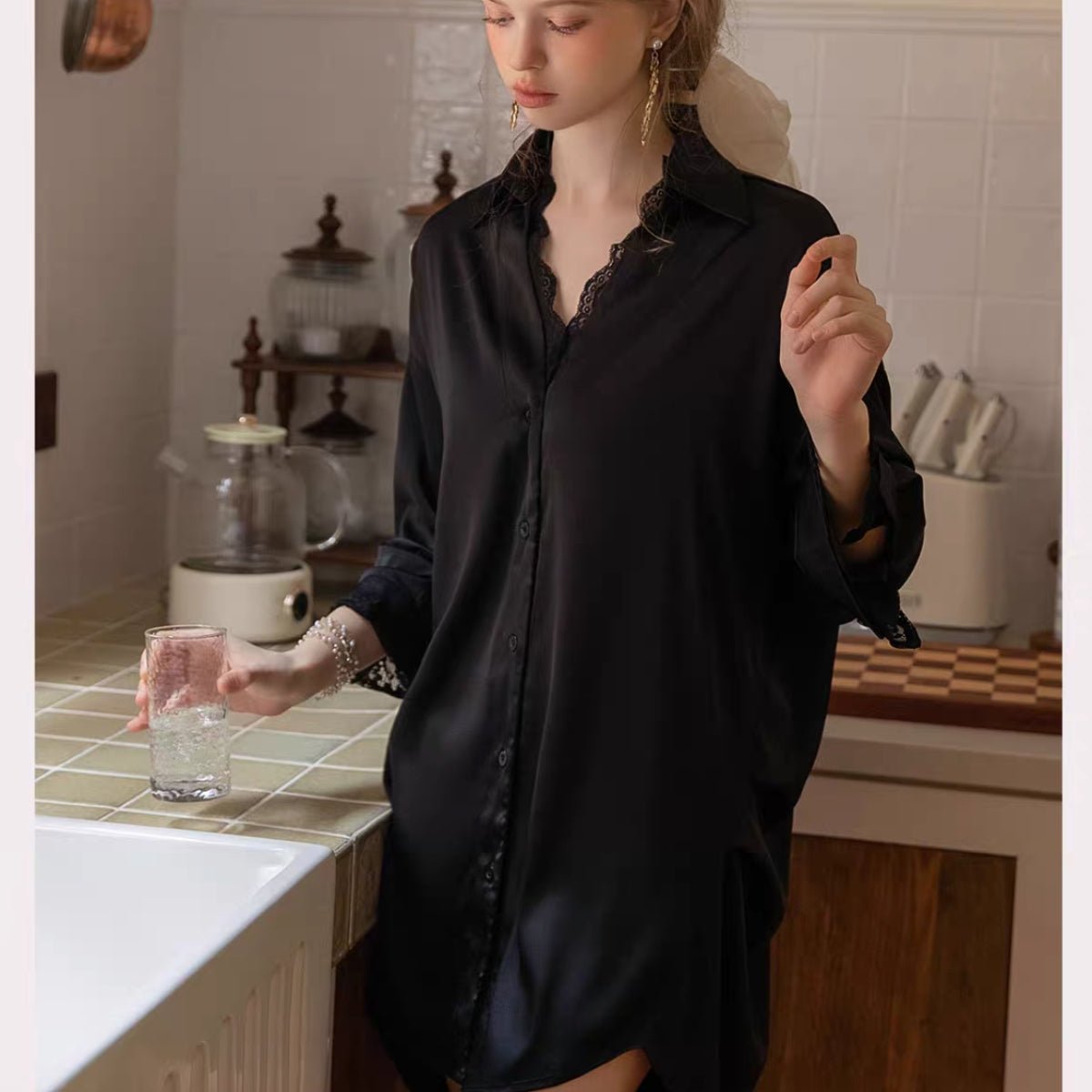 Becca boyfriend shirt lace and satin slip LOVEFREYA Free size Black Intimates