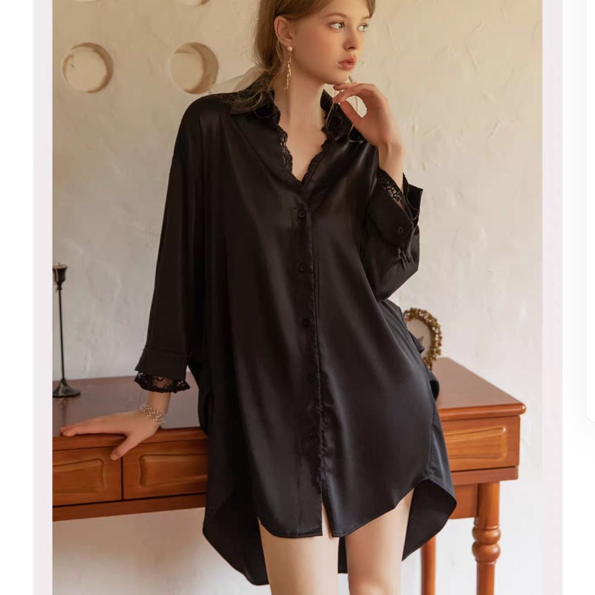 Becca boyfriend shirt lace and satin slip LOVEFREYA Free size Black Intimates