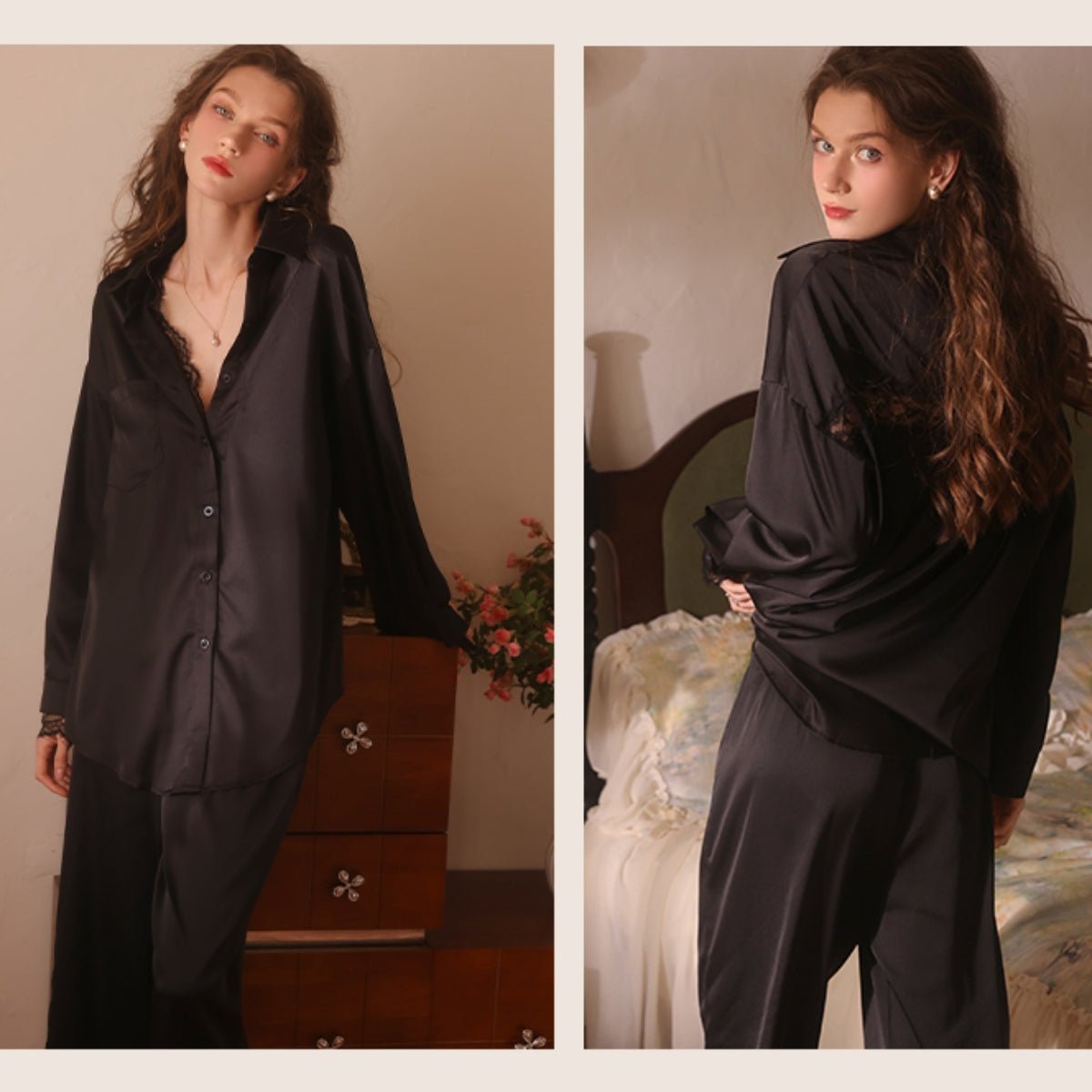Becca long sleeve lace and satin PJ set LOVEFREYA Small Black Intimates