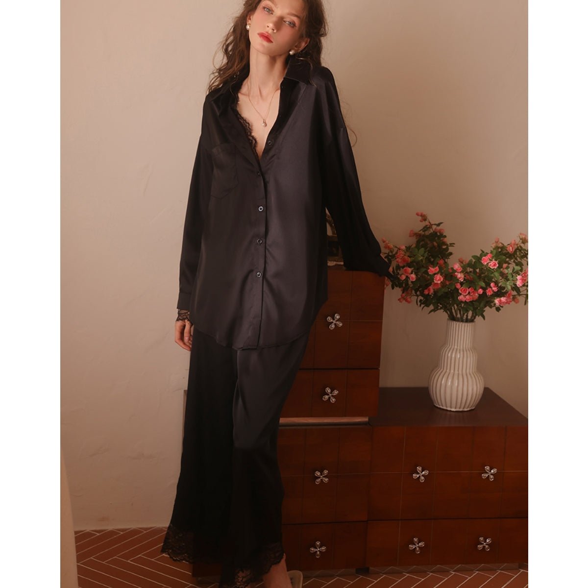Becca long sleeve lace and satin PJ set LOVEFREYA Small Black Intimates