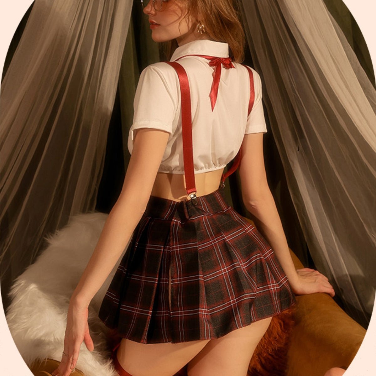 Checkered school girl cotton costume set LOVEFREYA Small Red Intimates