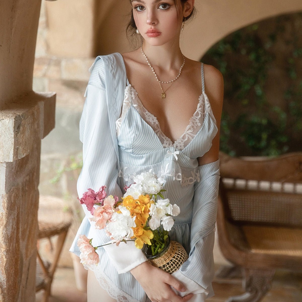 Giselle long sleeve satin PJ set LOVEFREYA Small L blue Intimates