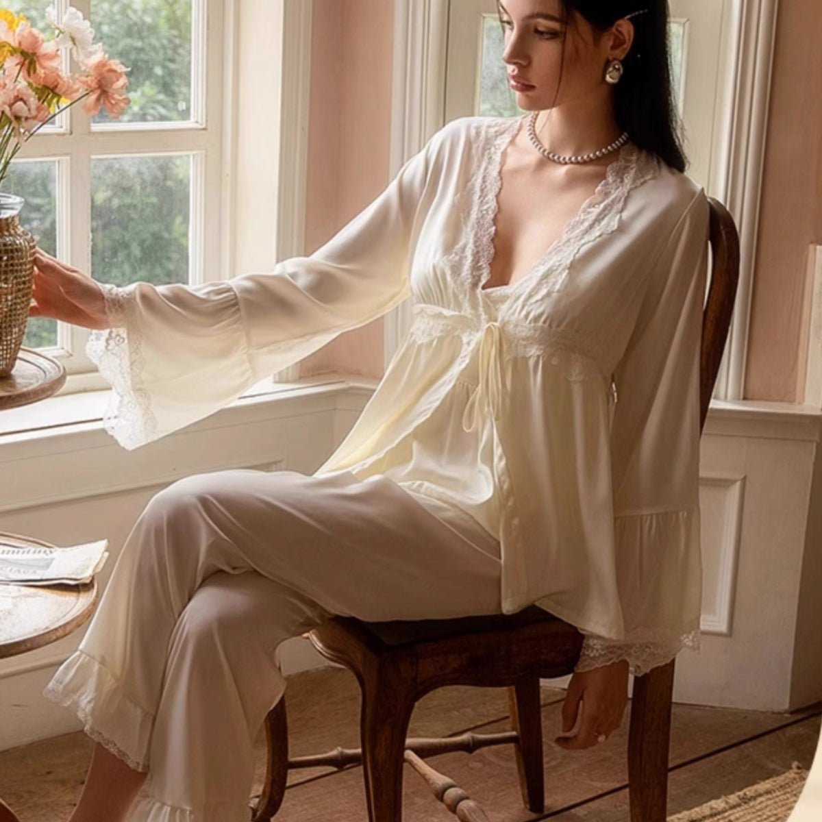 Remmie satin cardigan pj set LOVEFREYA Small Cream yellow Intimates