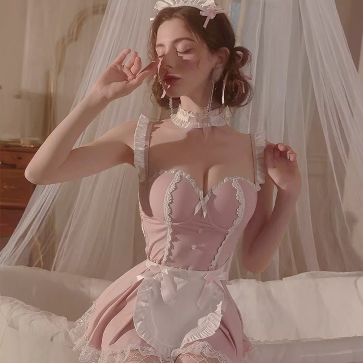 Sweet little maid satin costume set LOVEFREYA Free size Black Intimates