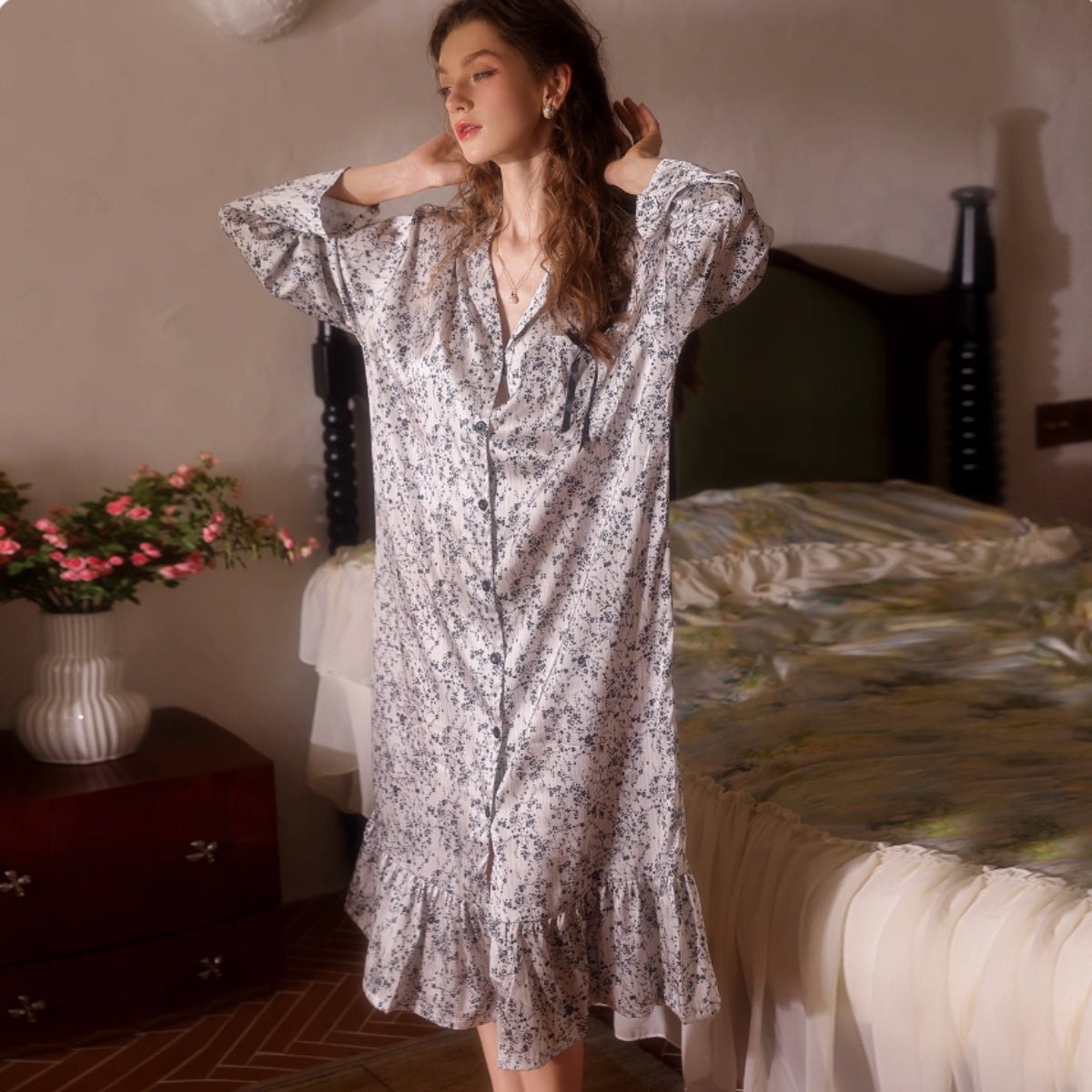 Tris long sleeve midi satin slip LOVEFREYA Small Floral Intimates