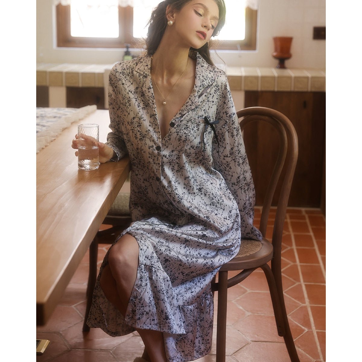 Tris long sleeve midi satin slip LOVEFREYA Small Floral Intimates