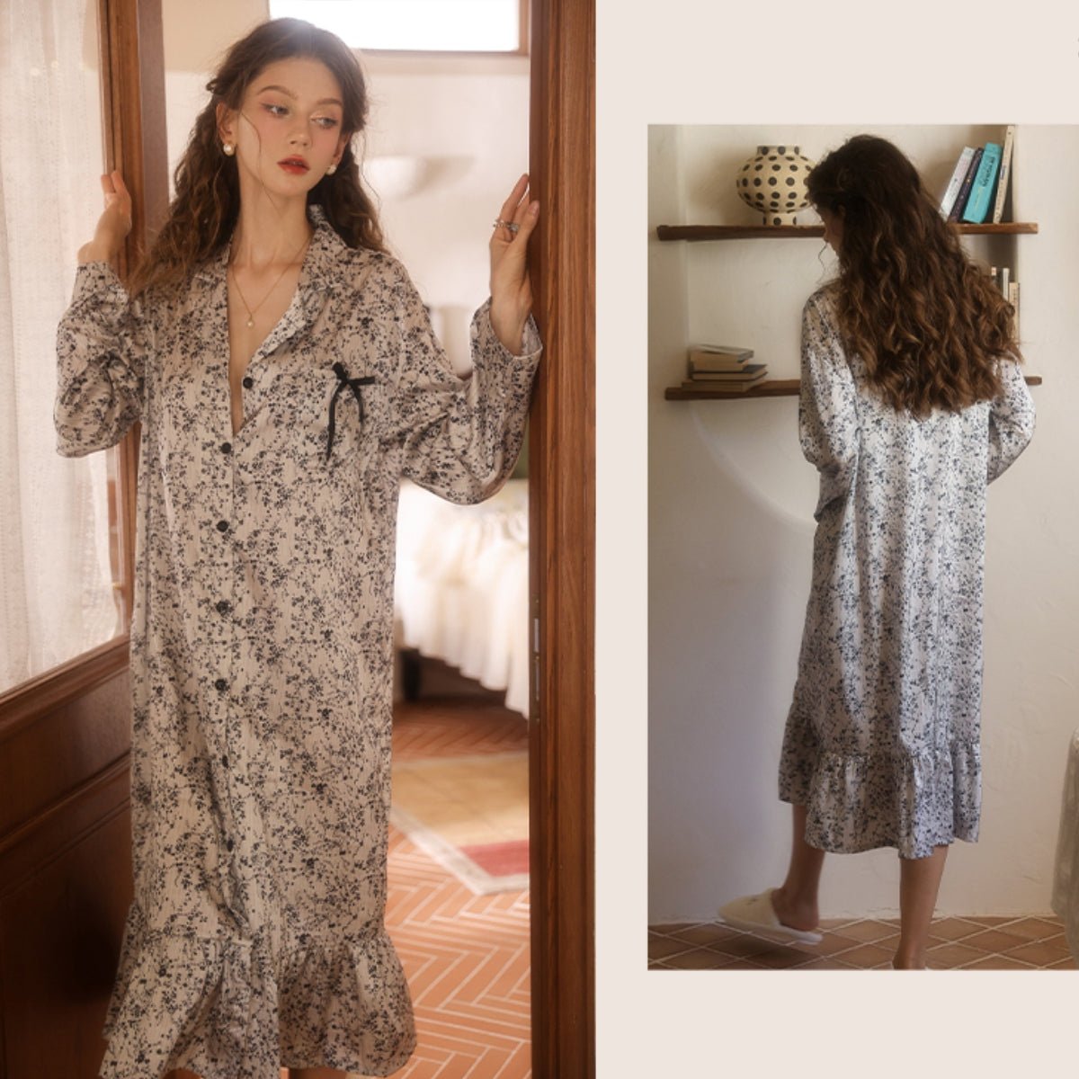 Tris long sleeve midi satin slip LOVEFREYA Small Floral Intimates