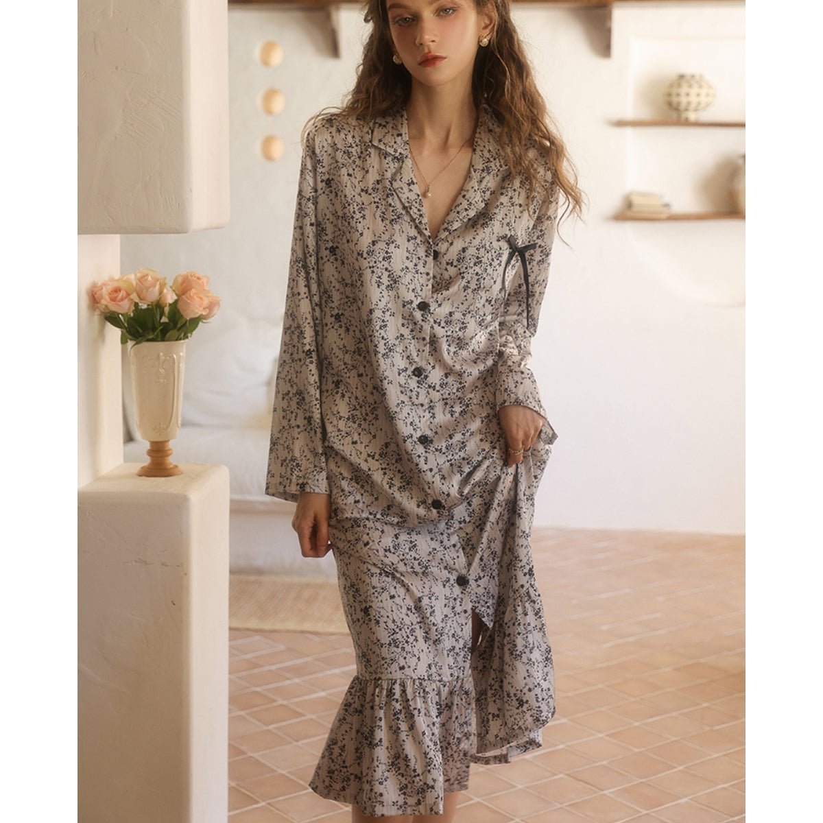 Tris long sleeve midi satin slip LOVEFREYA Small Floral Intimates