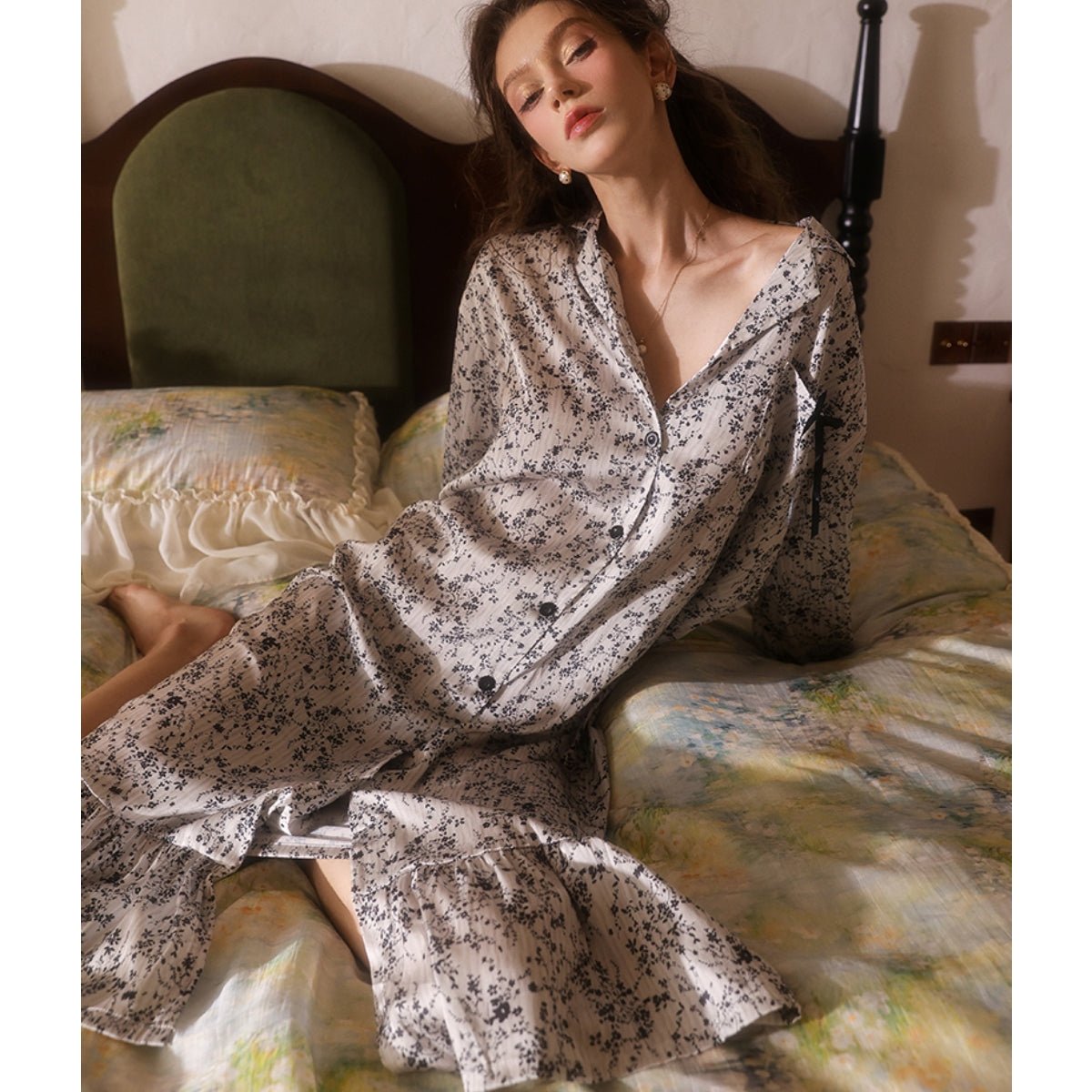 Tris long sleeve midi satin slip LOVEFREYA Small Floral Intimates