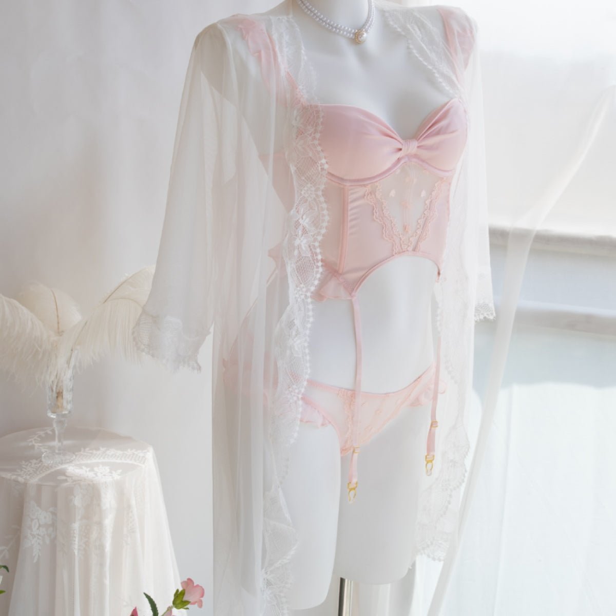 Amelie mesh and satin lingerie set LOVEFREYA Small Pink Intimates