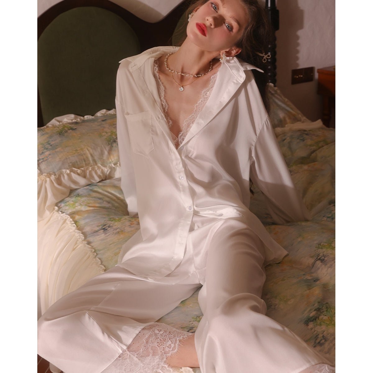 Becca long sleeve lace and satin PJ set LOVEFREYA Small Black Intimates