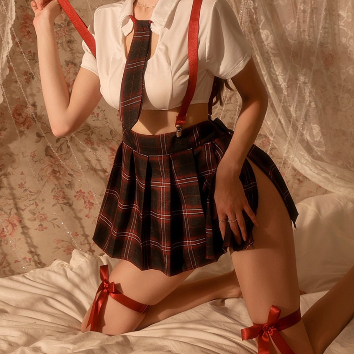 Checkered school girl cotton costume set LOVEFREYA Small Red Intimates