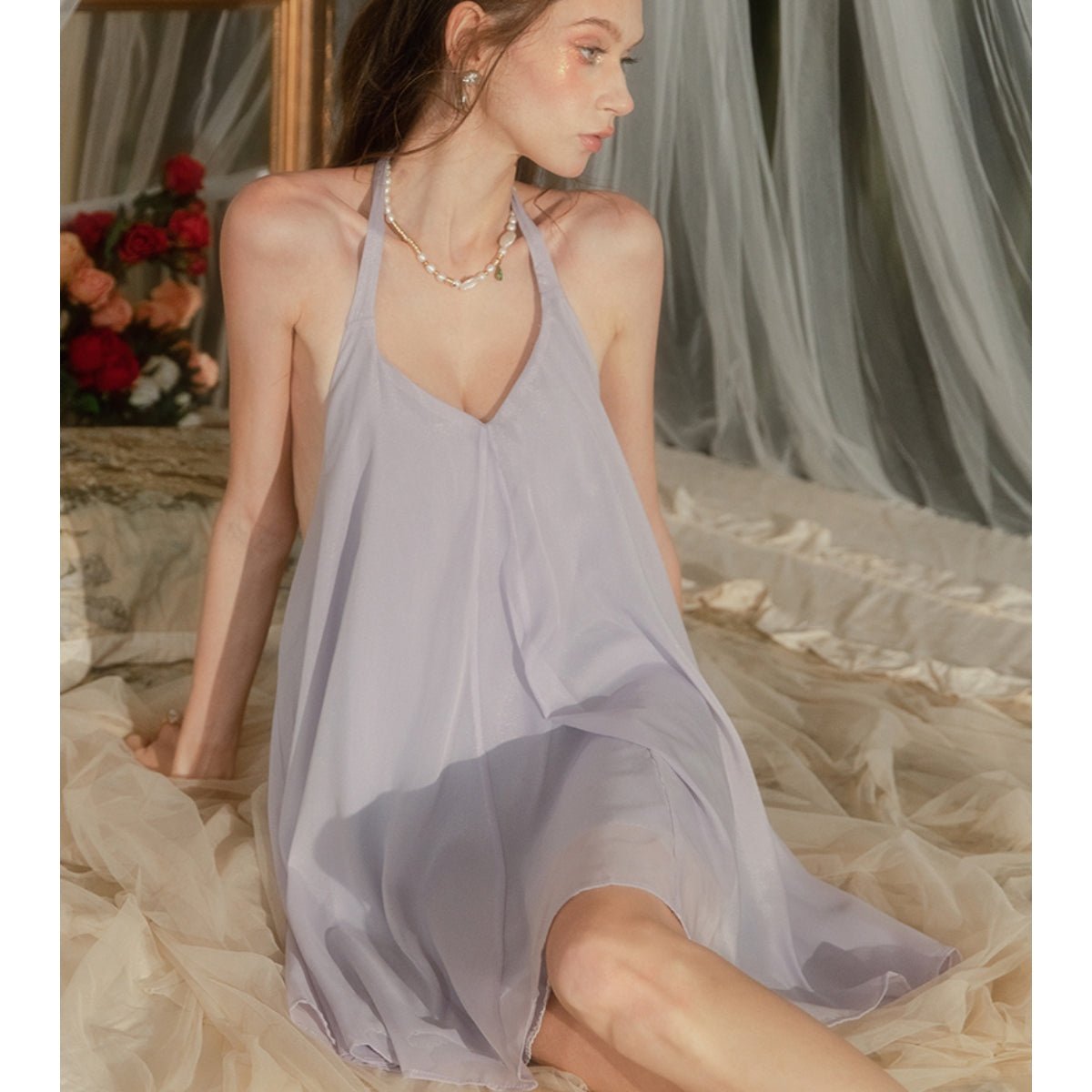 Corbey mesh and satin halter slip LOVEFREYA Small Greyish purple Intimates