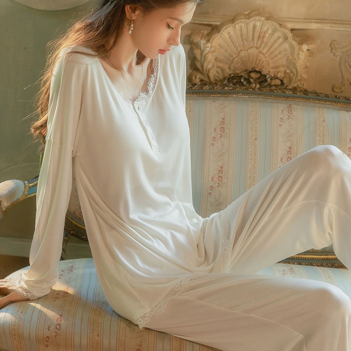 Laney long sleeve cotton PJ set LOVEFREYA Small Cream white Intimates