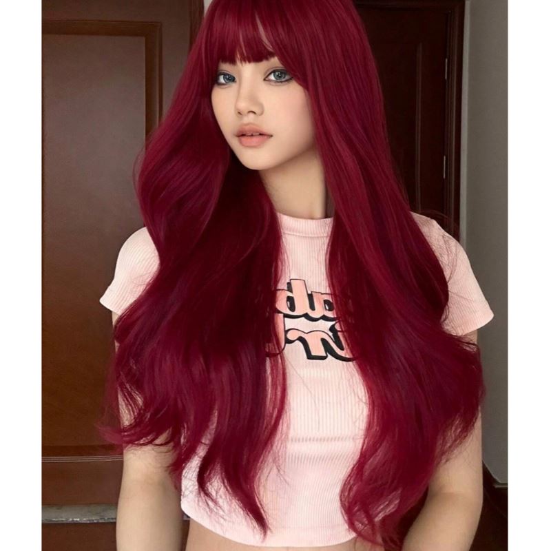 Long Curly Synthetic Wig With Bangs Accessories LOVEFREYA 26 inch Burgundy 