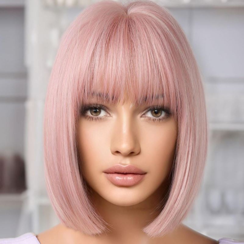 Short Straight Synthetic Bob Wig With Bangs Accessories LOVEFREYA 