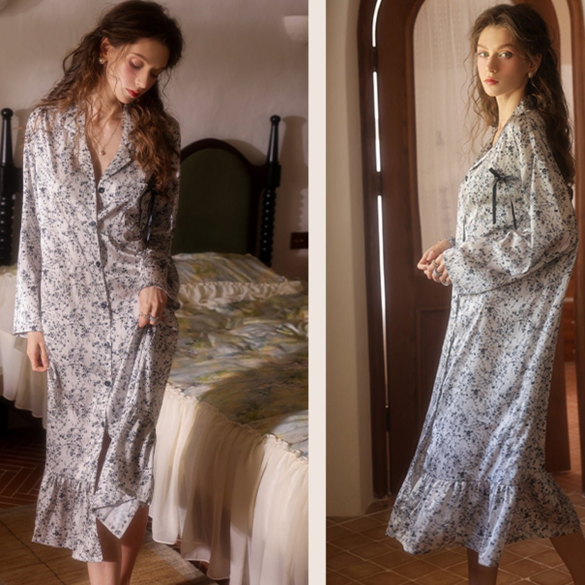 Tris long sleeve midi satin slip LOVEFREYA Small Floral Intimates