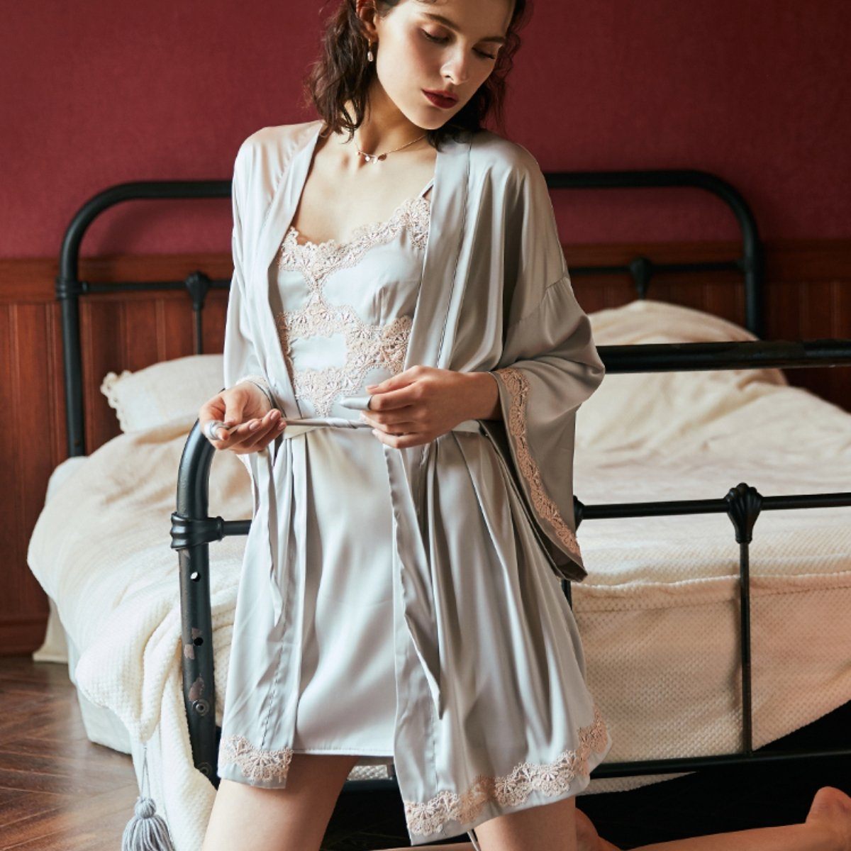 Elena satin robe Intimates LOVEFREYA Free size Light grey 