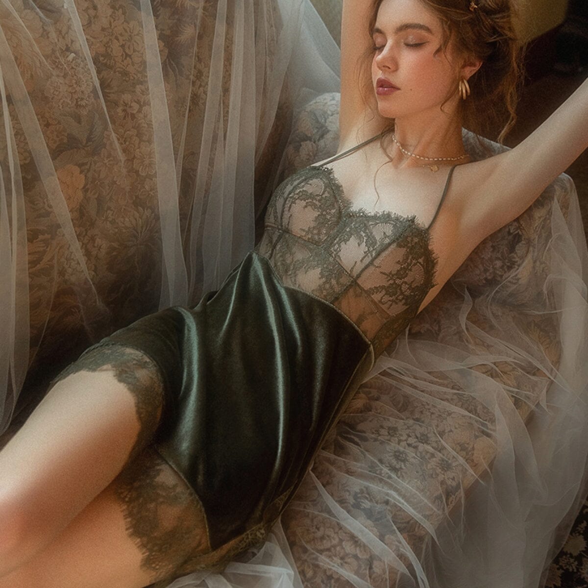 Raphaelle lace and velvet slip Intimates LOVEFREYA S Olive green 